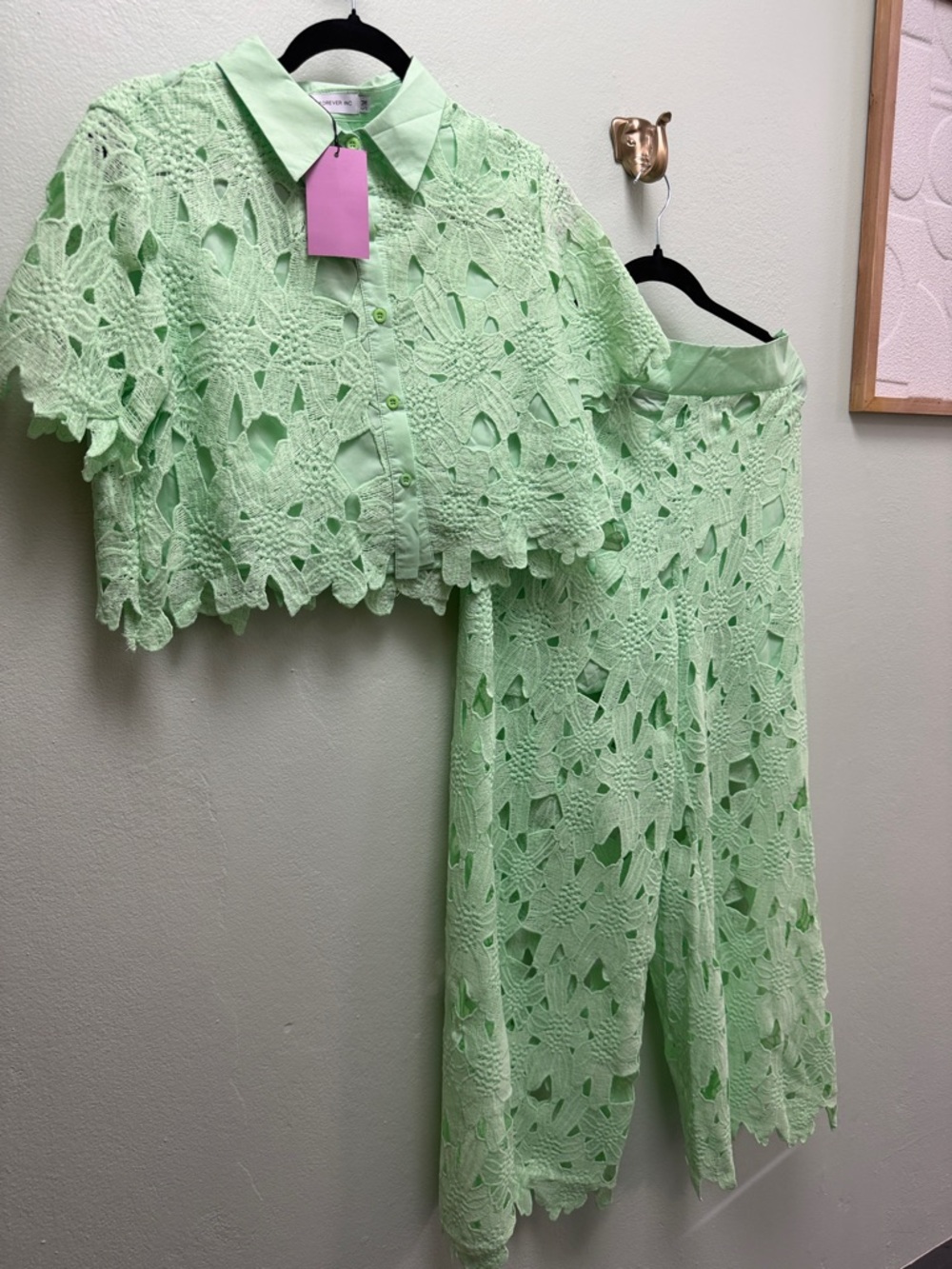 Mint Green Crocheted Straight-Leg Pants